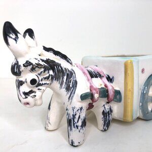 Occupied Japan Vintage Hand-Painted Ceramic Donkey Mule Pulling Cart Planter